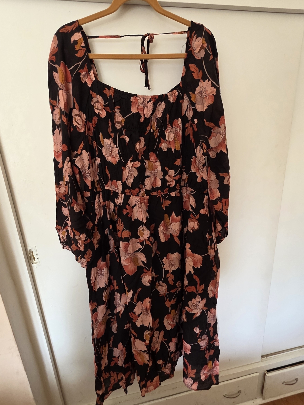 Black Long-Sleeve Floral Midi Dress with Pink Blossom Print